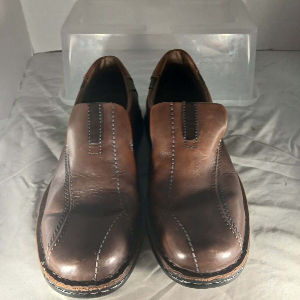 Clarks Loafers 10M Brown Leather Slip On Square Toe Contrast Stitch 70846 Mens‎ - Picture 3 of 10